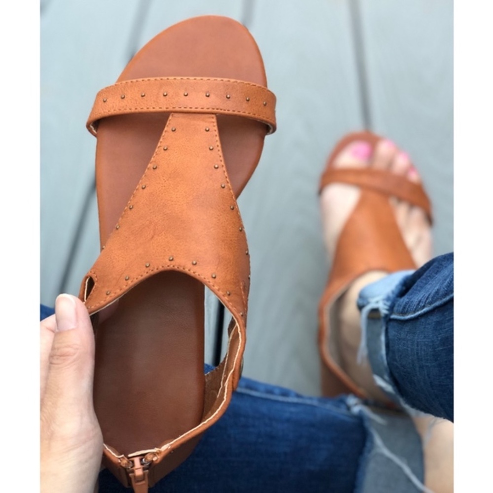 Tan Vegan Leather Studded Sandals - Picture 3 of 8